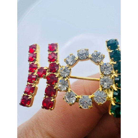 Vintage gold tone Christmas hohoho rhinestone brooch pin - Picture 3 of 5